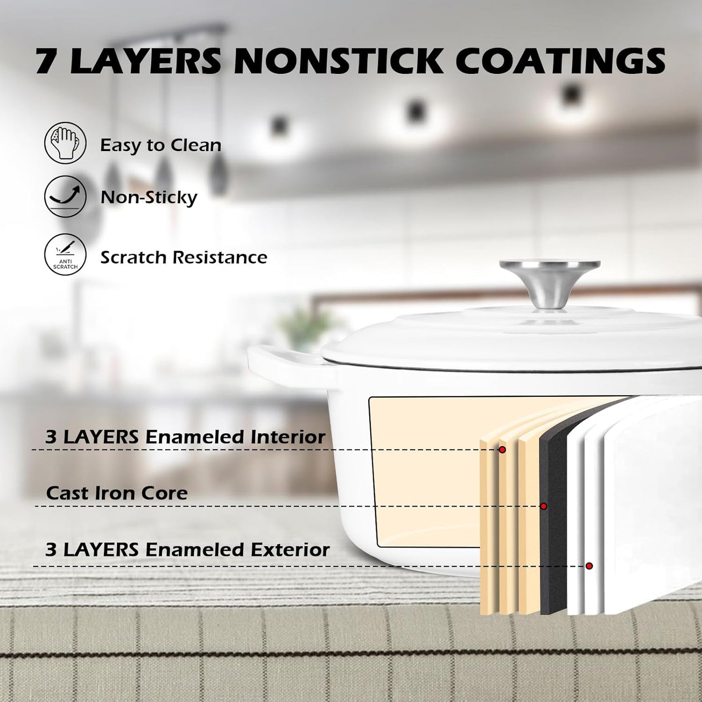 6 Quart Dutch Oven with Lid, Leonyo 6QT Enameled Cast Iron Dutch Oven for Sourdough Bread Baking, Heavy Duty Cookware for Braising, Stews, Roasting, White