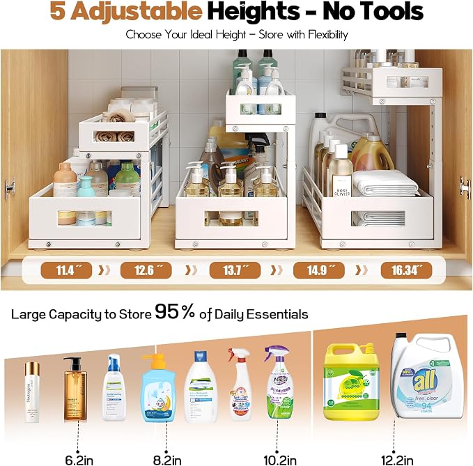 2-Pack 17"Deep Under Sink Organizer And Storage, 2-Tier L-Shaped Pull Out Cabinet Organizer with Upgraded Slide Rails, Height Adjustable Drawers for Kitchen&Bathroom, Extra-Large Storage Shelves–Gray - Image 7