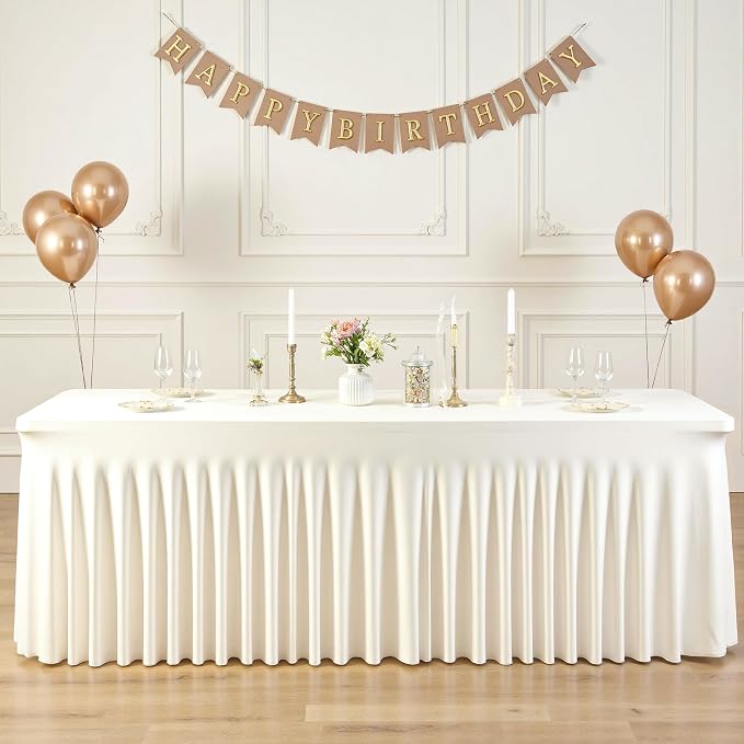 2 Pack 8ft Ivory Spandex Table Cloths for Rectangle Tables Wrinkle Free Ivory Rectangle Tablecloths, Stretch Fitted Table Cover with Skirt for Wedding Birthday Party Banquet Baby Shower Buffet Event - Image 8