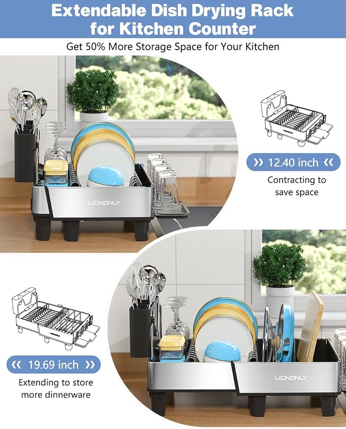 304 Stainless Steel Expandable Dish Drying Rack with Drain Spout, Black - Image 4