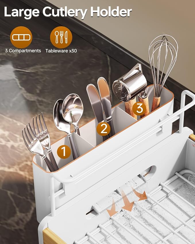 Urackify Bamoboo Dish Drying Rack for Kitchen Counter,Stainless Steel,White - Image 5