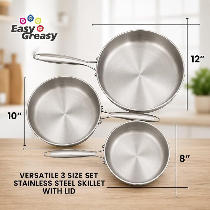 Stainless Steel Frying Pan Set Tri Ply 18/10 Skillet Set 12 10 8 Inch with Lids, Removable Handle, Oven Safe Induction Ready Cookware, Durable Non-Toxic Scratch-Resistant Saute Pans - Image 2