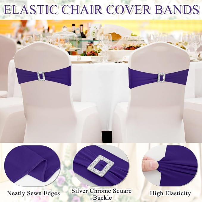 VitalCozy 100 Pcs Spandex Chair Sashes Wedding, Square Buckle, Dark Purple - Image 4