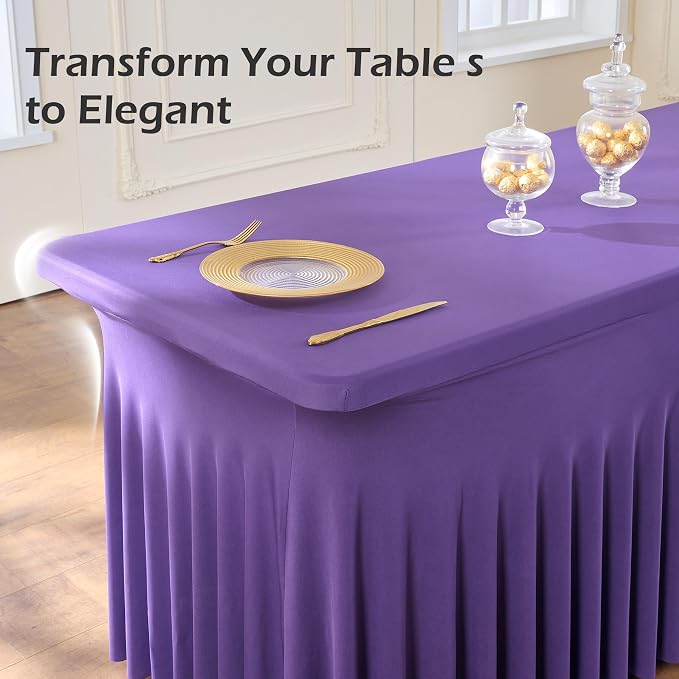 NSSONBEN 2 pk Purple Spandex Tablecloth for 8 Foot Rectangle Tables,Wrinkle Free Fitted Spandex Table Covers 8ft Stretch Table Cloths with Ruffle Skirt for Parties Weddings Banquet Baby Shower - Image 6