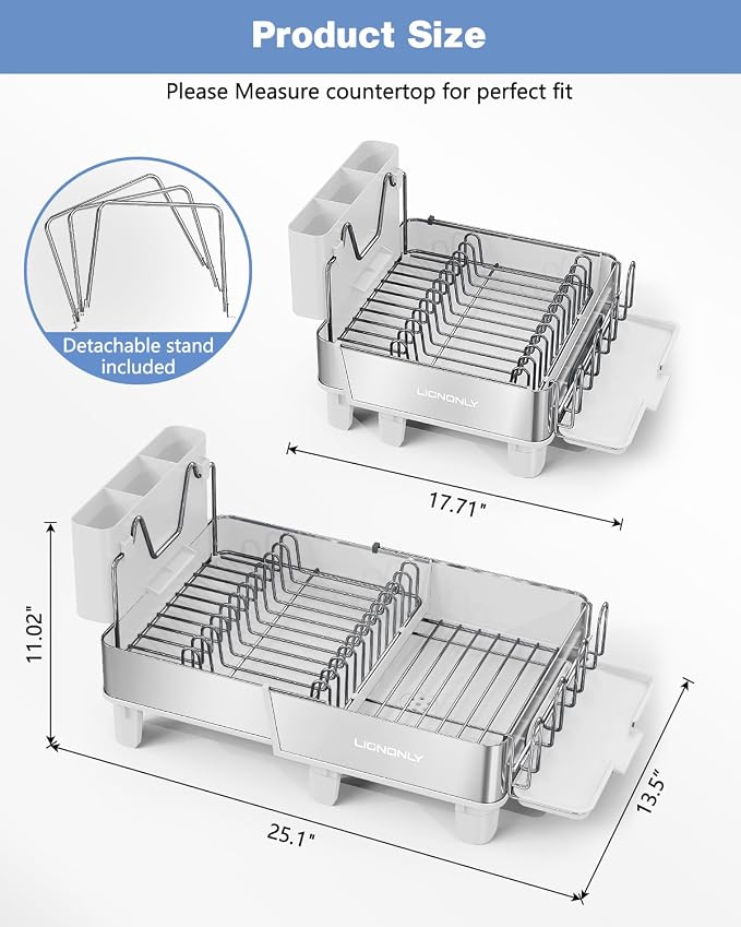 304 Stainless Steel Expandable Dish Drying Rack with Drain Spout, White - Image 2