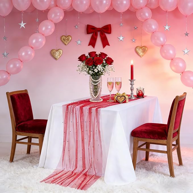 Red Tulle Table Runner Pearl Fabric Christmas Veil Dessert Chiffon Pearl - Image 3