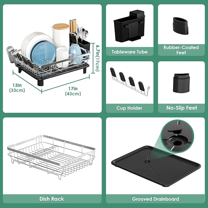 MOUKABAL Stainless Steel Dish Drying Rack for Kitchen Counter, Black Silver - Image 3