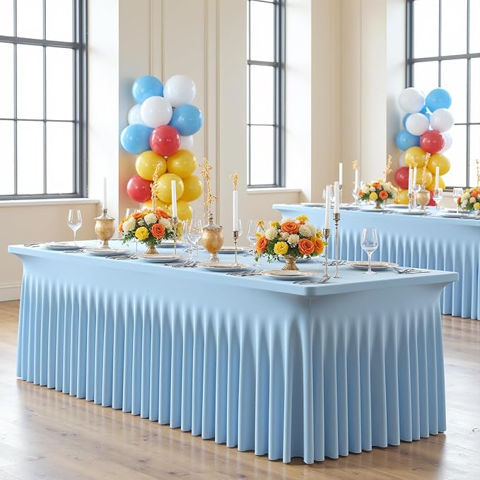 2Pack Baby Blue Spandex Table Clothes for 6 Foot Rectangle Tables, Fitted Table Cover 6ft Stretch Tablecloths Desk Skirt for Parties Weddings Birthday Banquet Baby Shower - Image 4