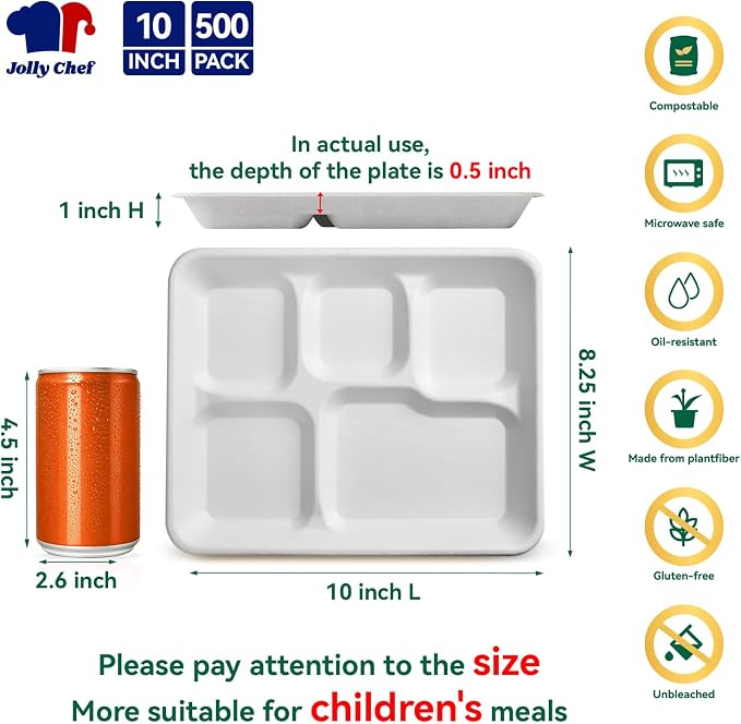 Compostable 5 Compartment 10*8.25*1 Inch 500 Pack Heavy Duty Paper Plates | Small Divided Disposable Plates White Eco-Friendly Biodegradable Food Tray for School Lunch Dinner - Image 2