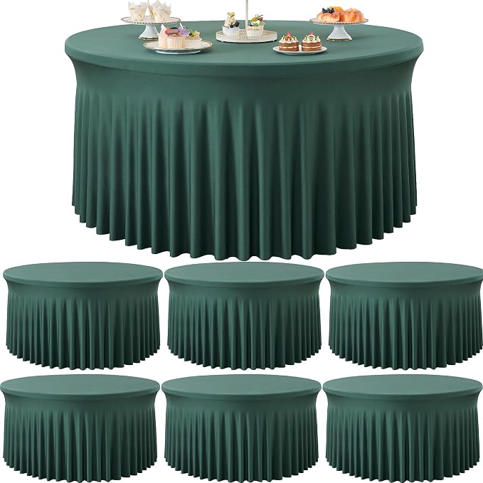 6 Pack Hunter Green Spandex Round Tablecloths for 60 Inch Tables, Stretchy 120 Inch Fitted 5FT Cloths, Wrinkle-Free Cover With Skirt for Wedding, Birthday, Party, Banquet, Graduation by Htper