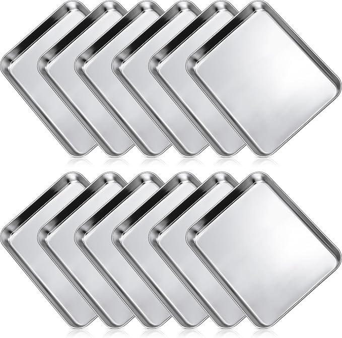 12 Pcs Metal Trays Stainless Steel Sheet Pan Baking Trays, 10 X 8 X 1 Inch | Nonstick Cookie Sheet for Toaster Oven, Quarter Baking Pans, Food Serving Metal Trays, Dishwasher Safe Stainless Steel by Zopeal