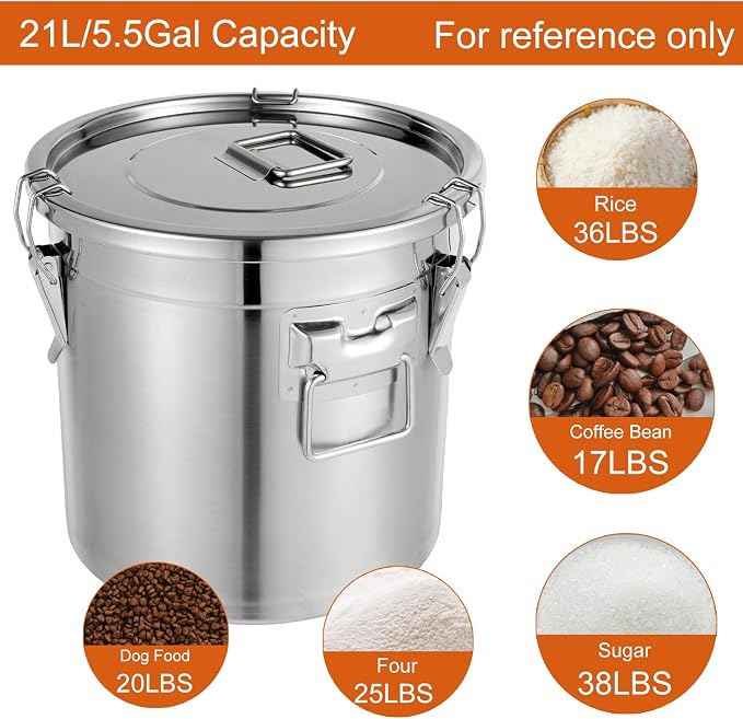 DYNAMI 5.5Gal 304 Stainless Steel Airtight Container with Lid and Locking Clamp,17-38Lbs Metal Bucket Stainless Steel Drum Large Canister for Kitchen,Dog Food/Bird Seed/Coffee Storage Container(21L) - Image 2