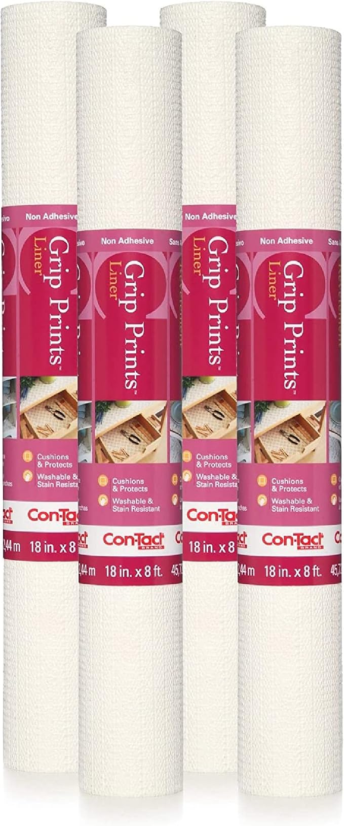 Con-Tact Brand Grip Prints Shelf Liner, Durable and Non-Adhesive Liners, Non-Slip Drawer and Cabinet Liner, 18" x 8', White, Pack of 4 Rolls by Kittrich+%28Home%29