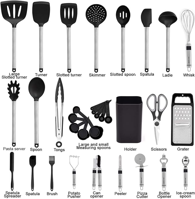Kitchen Utensil Set-Silicone Cooking Utensils-33 Kitchen Gadgets & Spoons for Nonstick Cookware-Silicone and Stainless Steel Spatula Set-Best Kitchen Tools, Useful Pots and Pans Accessories - Image 2
