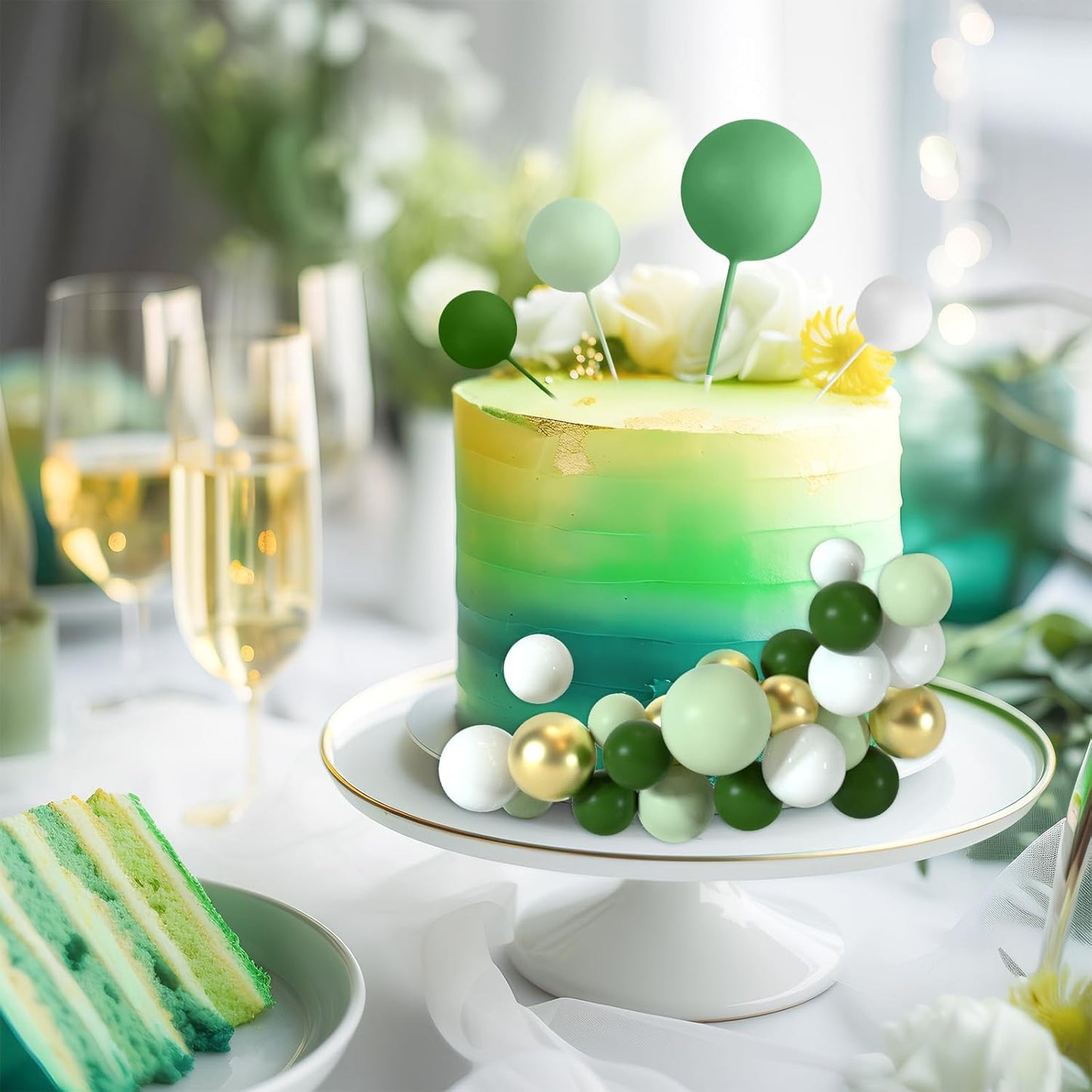 48 Pcs Cake Topper Decorations - Balloon Cupcake Toppers, Foam Balls for Birthday Party Wedding Cake Decorating (Green, Light Green, White, Gold)