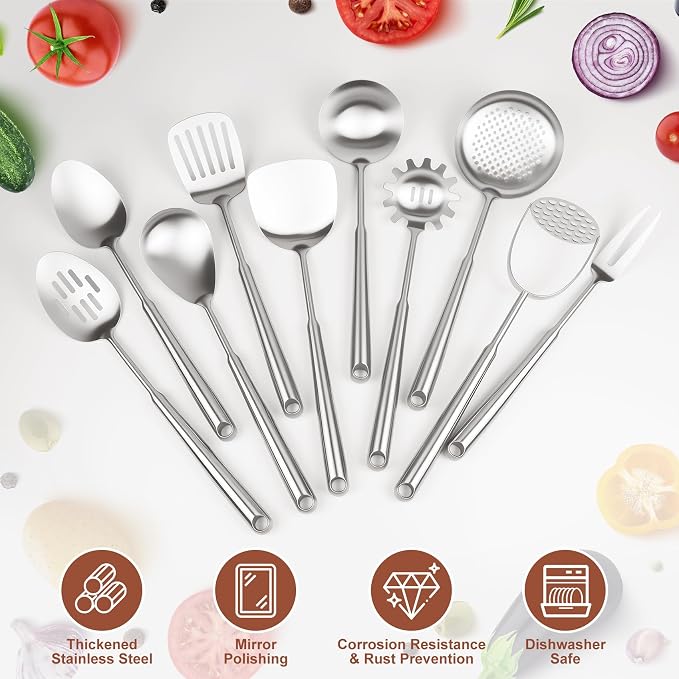 304 Stainless Steel Cooking Utensils Set, 10pcs Long Metal Kitchen Utensils Set Come with Spoon, Potato Press, Spatula, Ladle, Skimmer, Turner, Pasta Server - Image 3
