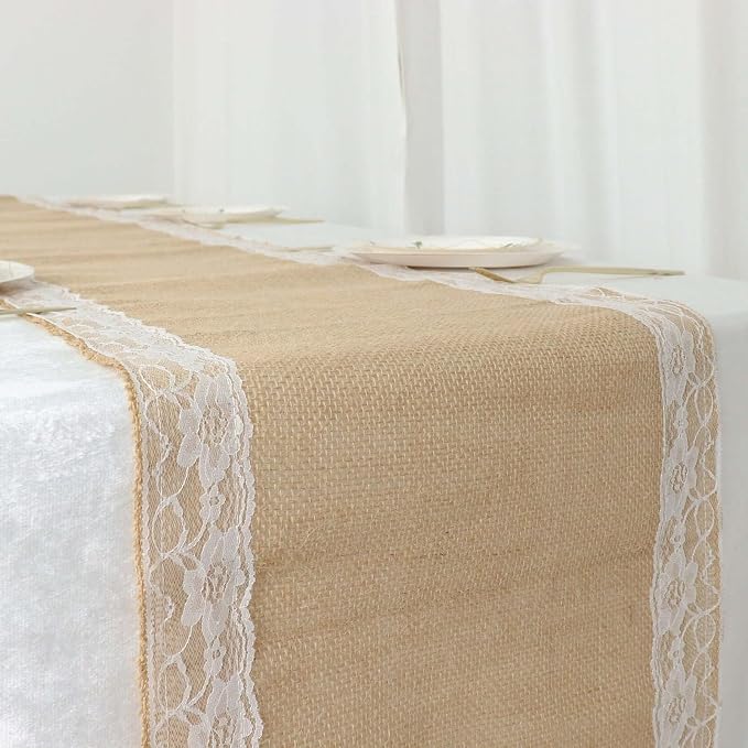 Efavormart 14"X104" Natural Jute Burlap Table Runner with White Lace Trim Edges, Boho Chic Rustic Decor - Image 3