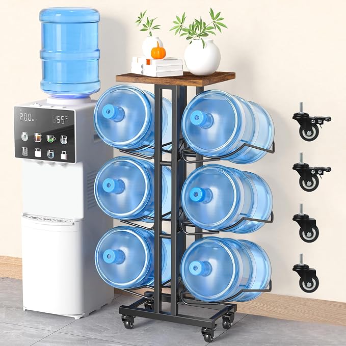 5 Gallon Water Jug Holder,3 Tier Foldable Heavy Duty Water Jug Stand Water Bottle Holder Organizer with Lockable Casters Water Dispenser Stand Rack with Removable Wood Top Shelf for 6 Bottles，Brown by Dataroad+Selead