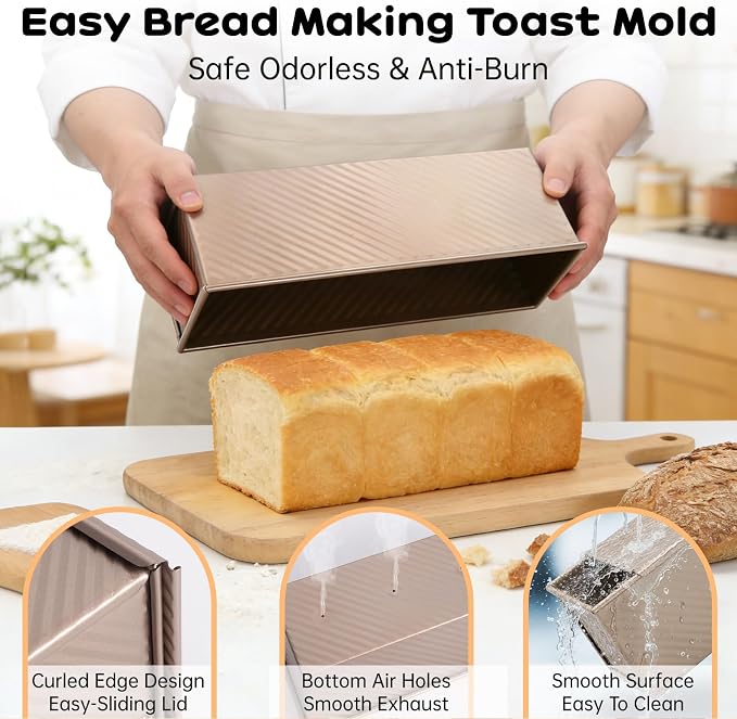 2 Pack Pullman Loaf Pan with Lid - 2.2LB Non-Stick Bread Pan, Carbon Steel Square Toast Mold with Silicone Spatula & Oil Brush, Baking Kit for Homemade Sandwich & Sourdough, Housewarming Gifts - Image 4