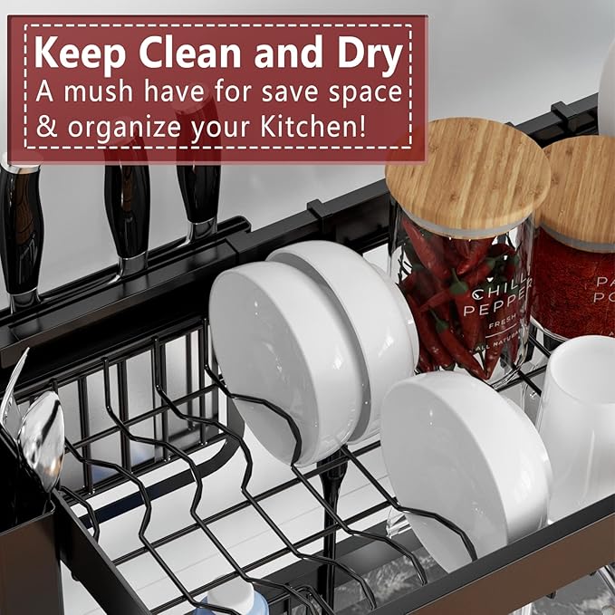 VNKZI Over Sink Dish Drying Rack, 2 Tier Full Stainless Steel Storage Adjustable Length (25.98'' to 36.61'') Kitchen Rack, Multifunctional Expandable Counter Organizer, Space Saver Dish Rack - Image 5