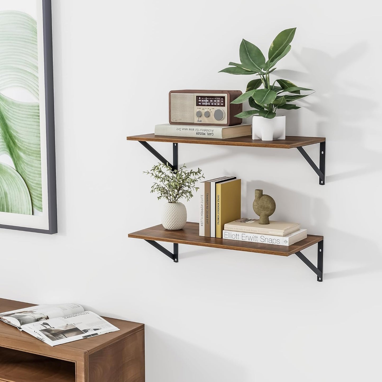 Heimlove 12 Inch Deep Floating Shelves for Wall, 24W x 12D Wood Wall Shelves Set of 2, Walnut Wide Floating Bookshelf for Living Room, Kitchen, Office, Bedroom, with Black Metal Bracke - Walnut