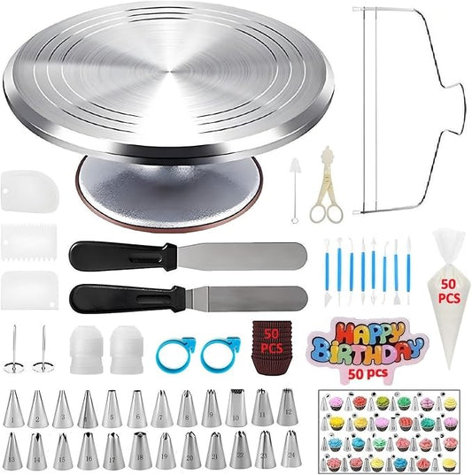 Cake Decorating Kit, 198 Pcs Baking Supplies | Aluminium Cake Turntable, Leveler, 24 Numbered Icing Tips, 2 Spatulas, 3 Scrapers, 50 Pastry Bags, 50 Cupcake Liners & More by YOQXHY