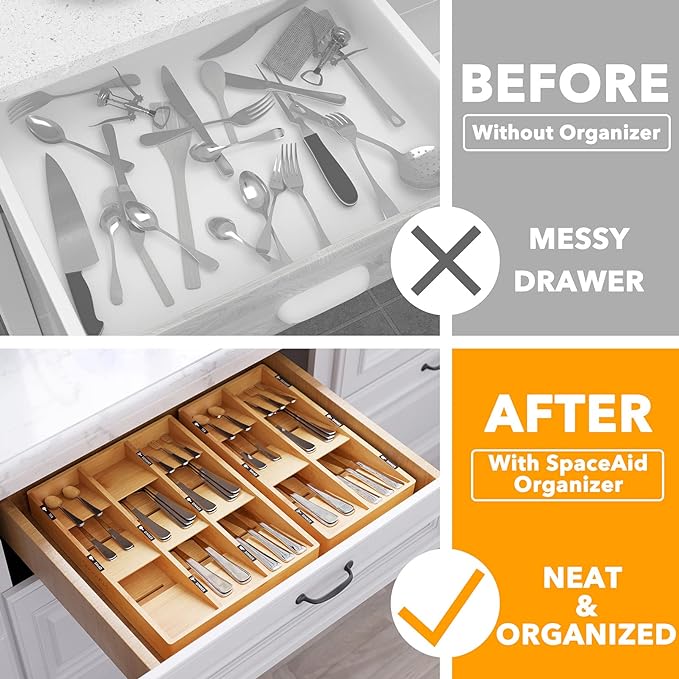 SpaceAid Bamboo Silverware Drawer Organizer with Labels (Natural, 6 Slots) Bag Storage Organizer - Image 2