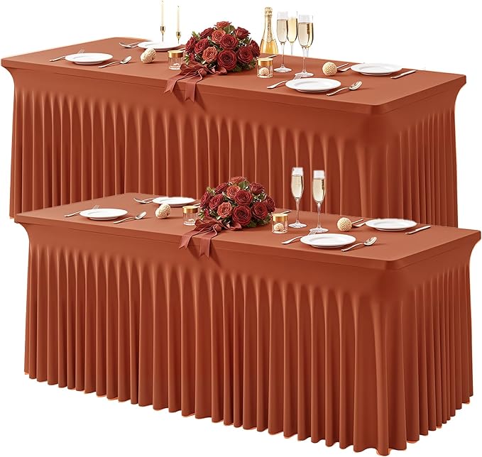 Wish Care 2 Pack Rust Spandex Table Clothes for 8 Foot Rectangle Tables, 8FT Wrinkle Free Fitted Tablecloths Ruffles Design Table Cloth for Party, Banquet, Wedding and Events by WishCare