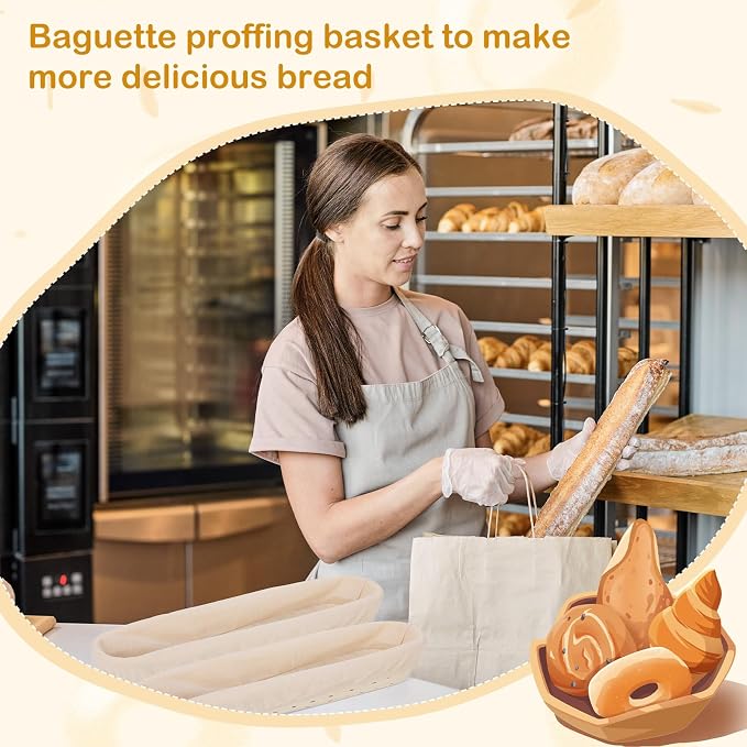 Vesici 15 Inches Baguette Banneton Proofing Basket 6 Pack with Linen Liner Baguette Banneton Bread Baking Baskets Rattan Dough Proofing Baskets for Baguette, Home Bake, Bakers Supplies, Baking Gifts - Image 4