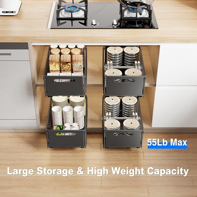 Mustorn 2 Pack Pull Out Cabinet Organizer, Slide Out Drawers for Cabinets, Peel and Stick, Heavy Duty Shelves for Kitchen, Cupboard, Pantry, Bathroom (14.76" D*9.65" W*7.87" H-Black) - Image 4