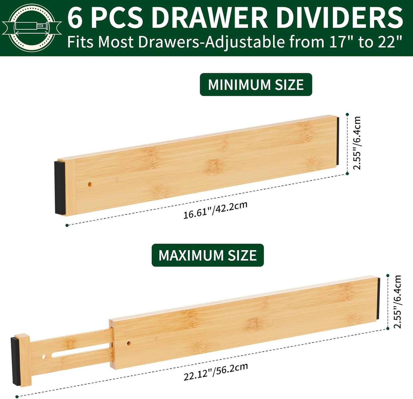 6 Pack Bamboo Drawer Dividers 2.6" High,17-22" Adjustable Spring Loaded Drawer Organizers for Kitchen, Dresser, Bathroom, Bedroom and Office