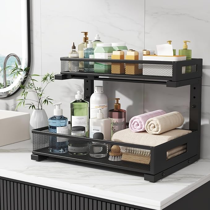 2 Pack 17IN Depth Under Sink Storage Organizer, Large 2-Tier Elegant Mesh Pull Out Shelf for Kitchen and Bathroom Cabinet Organization, L-Shaped and Adjustable Height Design-Black - Image 7