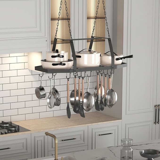 Hexagon Ceiling Pot Rack Hanging Pan Rack Hanging with 15 Hooks | 34" Metal Hanging Pots and Pans Ceiling Mount Organizer Rack, Pot and Pan Hangers for Kitchen Cookware Utensils - Image 8