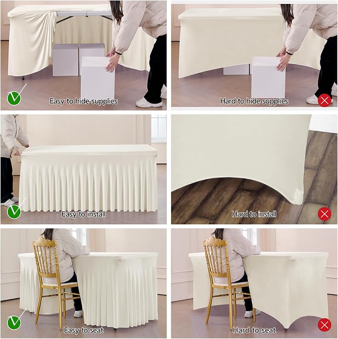Leegleri 4 Pack Ivory Spandex Tablecloths for 8ft Rectangle Tables, Wrinkle Free Fitted Table Cloths with Skirt for Parties, Weddings, Birthday, Banquet, Baby Shower - Image 5