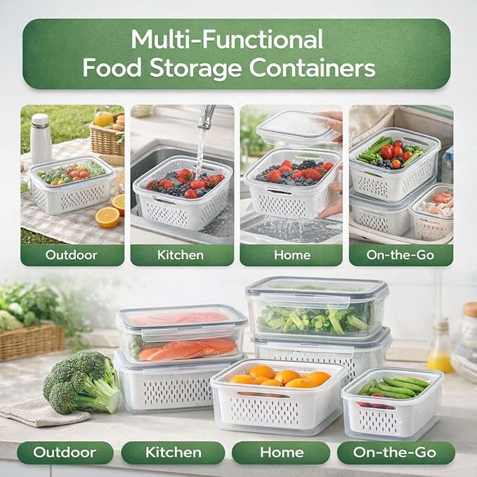 4-in-1 Produce Saver Containers - Fresh Berry Keeper with Removable Colander & Airtight Lid - Stackable Fruit and Vegetable Fridge Organizer Bins - BPA-Free Plastic Food Storage (3pcs) - Image 4