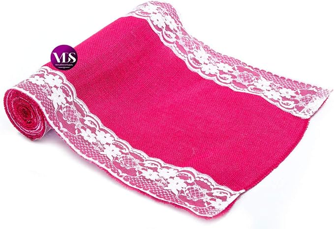 VDS Pack of 25, Burlap Table Runner with White Lace Edge, 100% Natural Jute Rustic Hessian Table Cloth Centerpiece for Wedding Birthday Party Banquet Table Decoration (Size 12X108 Inch)(Magenta) - Image 3