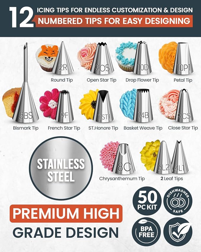 RFAQK 50PCs Cake Decorating Supplies Kit with 12" Aluminum Rotating Cake Turntable Stand, Professional Leveler, Straight & Offset Spatulas, 12 Numbered Icing Tips & Bags - Image 4