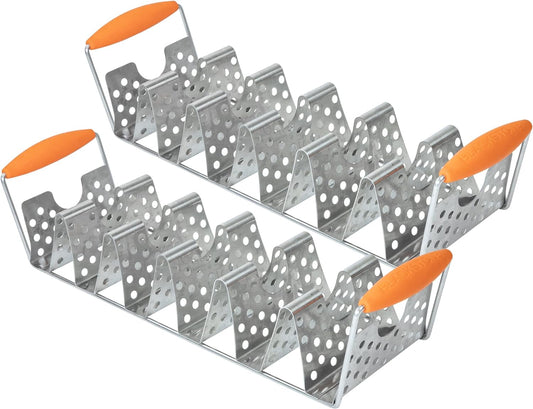 BLACKSTONE 5173 Deluxe Holder Stand Pack of 2 Stainless Steel Racks with Heat Resistant Handles-One Tray Holds 6 Tacos-Dishwasher Safe, Orange/Silver