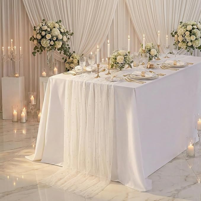 Pearl Tulle Table Runner Fabric Beige 10ft Wedding Veil Seasonal Dessert - Image 4