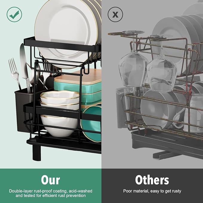 MOUKABAL 2 Tier Dish Drying Rack with Drainboard for Kitchen Counter, Black - Image 7