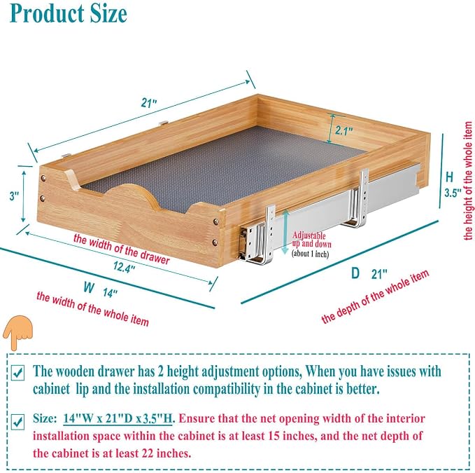 OCG Pull Out Drawers For Kitchen Cabinets 14"W x 21"D, Slide out Wood Drawer Shelf, Pull Out Shelves for Base Cabinet Organization in Kitchen, Pantry, Bathroom - Image 2