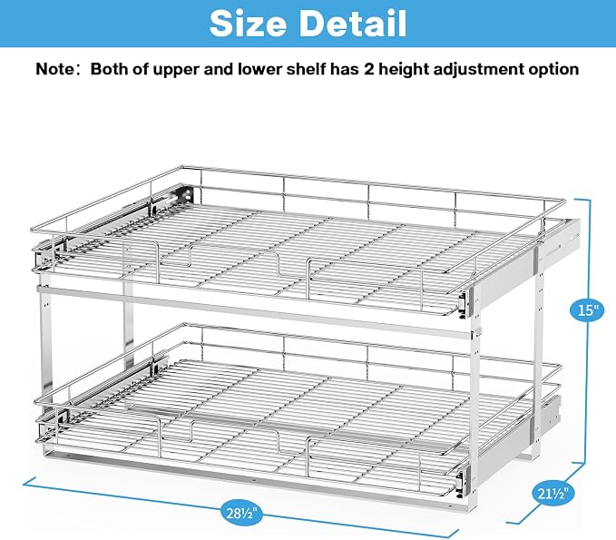 LOVMOR Individual Pull Out Cabinet Organizer, 2 Tier Slide Out Cabinet Drawers, Pots and Pans Organizer and Storage Pantry Shelf for Kitchen (28½" W x 21½" D) - Image 3