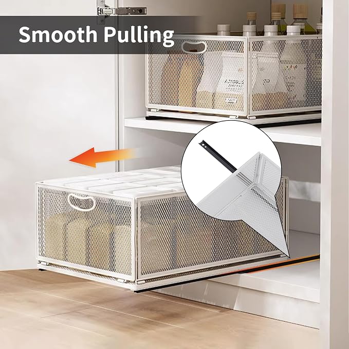 Sliding Cabinet Basket Organizer Drawer Self Adhesive Slide out Pantry Shelves Heavy Duty Carbon Steel Slide Cabinet Storage Basket with Handle for Bathroom Kitchen Home - Image 8