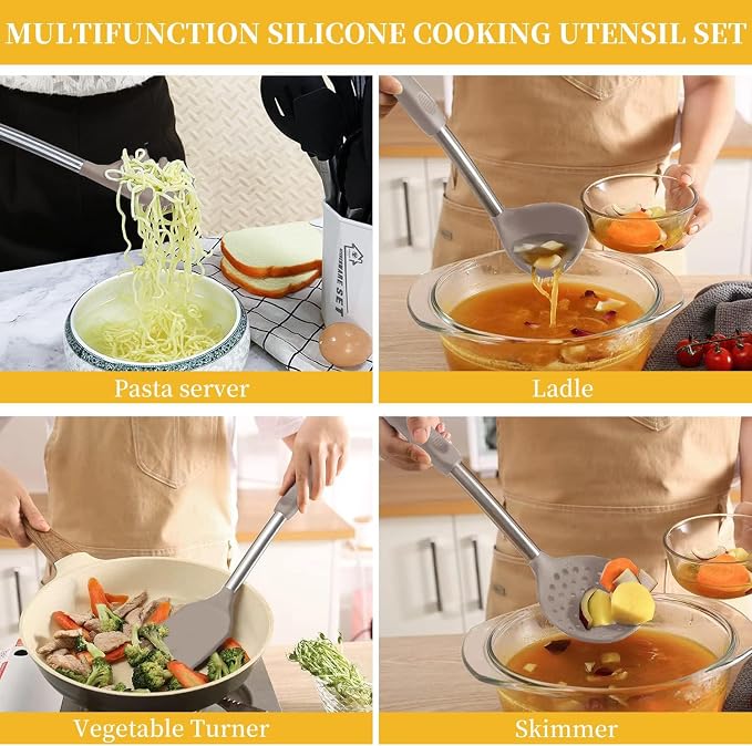 Silicone Kitchen Cooking Utensils Set with Stainless Steel Handle, Spatula Set Utensil Set, Cooking Utensil Set,Kitchen Tools Gadgets for Nonstick Cookware (35, Khaki) - Image 2