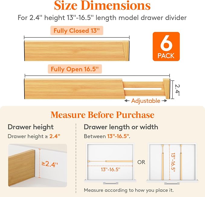 Lifewit 2.4" Kitchen Drawer Dividers, Adjustable Bamboo Drawer Organizers - Image 3