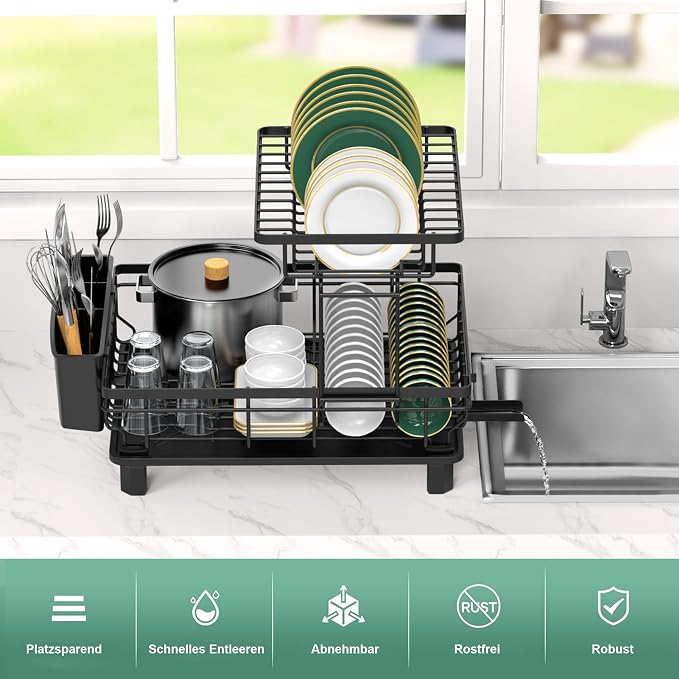Rottogoon Large Dish Drying Rack 2-Tier Stainless Steel Dish Racks for Kitchen Counter Durable Dish Drainer with Drainboard Drainage Utensil Holder for Various Kitchenware Black - Image 6