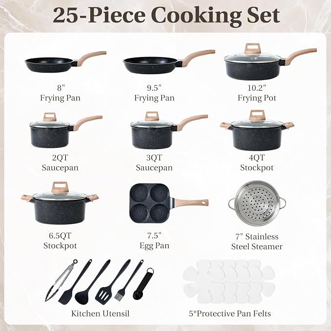 NEWBULIG 25-Piece Nonstick Cookware Set, Granite Coating, Induction, Black - Image 2