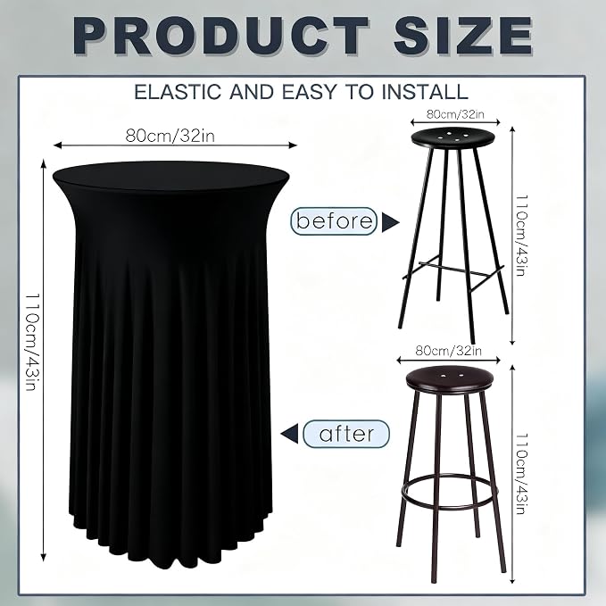 6 Pcs Black Spandex Stretch Round Cocktail Table Skirt, 32x43 Inch High Top Table Covers, Fitted Table Cloths for Wedding, Bar, Banquet, Party Decor & Event Supplies - Image 2