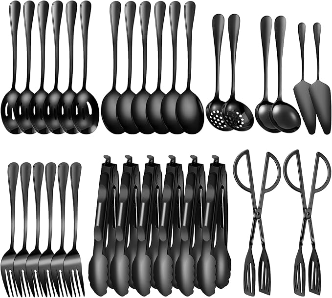 32 Piece Stainless Steel Serving Utensils Set - Complete Buffet Serving Spoons, Tongs, Ladles, Spatulas for BBQ, Parties, Weddings, Catering and Events (Black) by Unknown