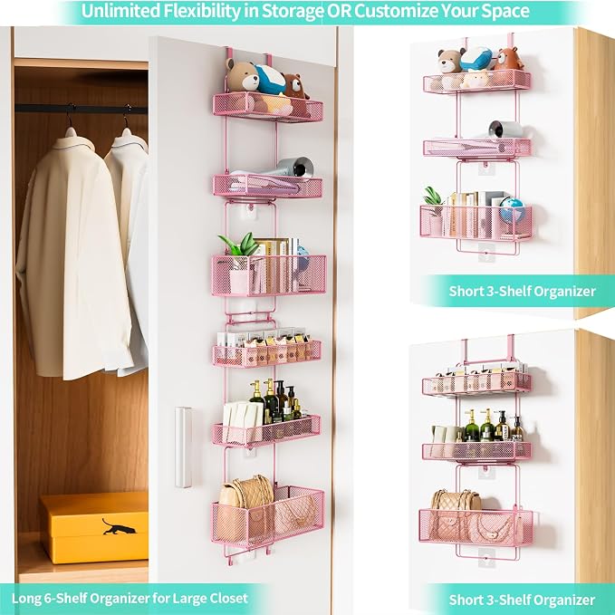 HapiRm Over Door Organizer Storage - Separable Door Organizer Hanging with 6 Metal Large Capacity Baskets for Bathroom Bedroom Kitchen Pantry Closet (Pink) - Image 4